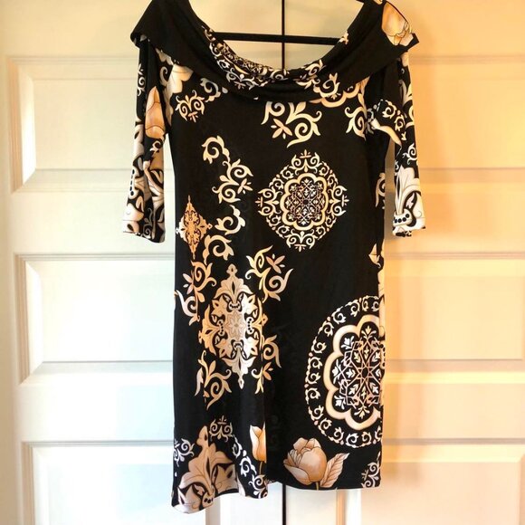 WHITE HOUSE BLACK MARKET Black Geometric Pattern Boat-neck Shift Dress M - Picture 4 of 5